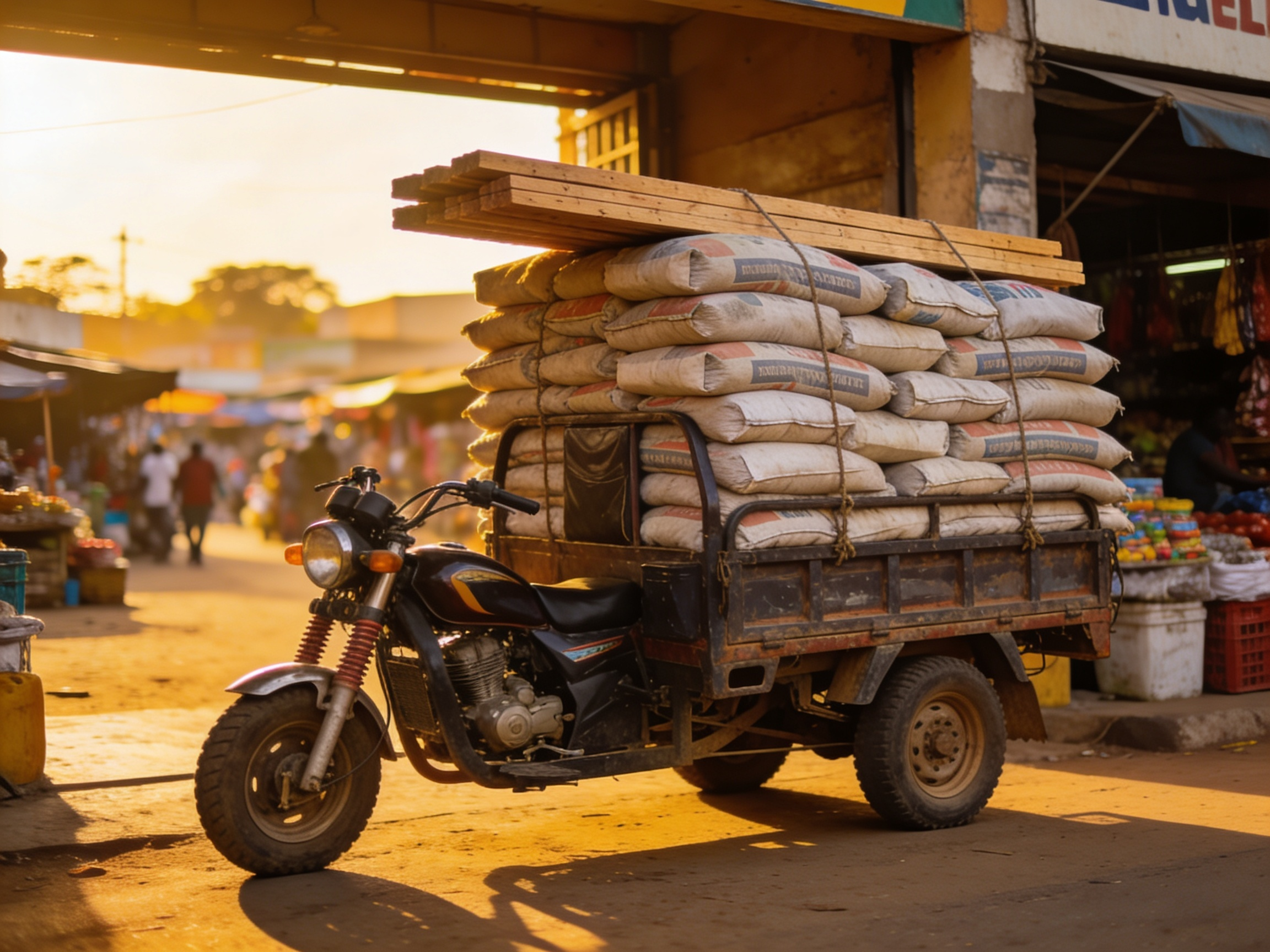 SONKA aboboyaa loaded with cement and wood at a Ghana market