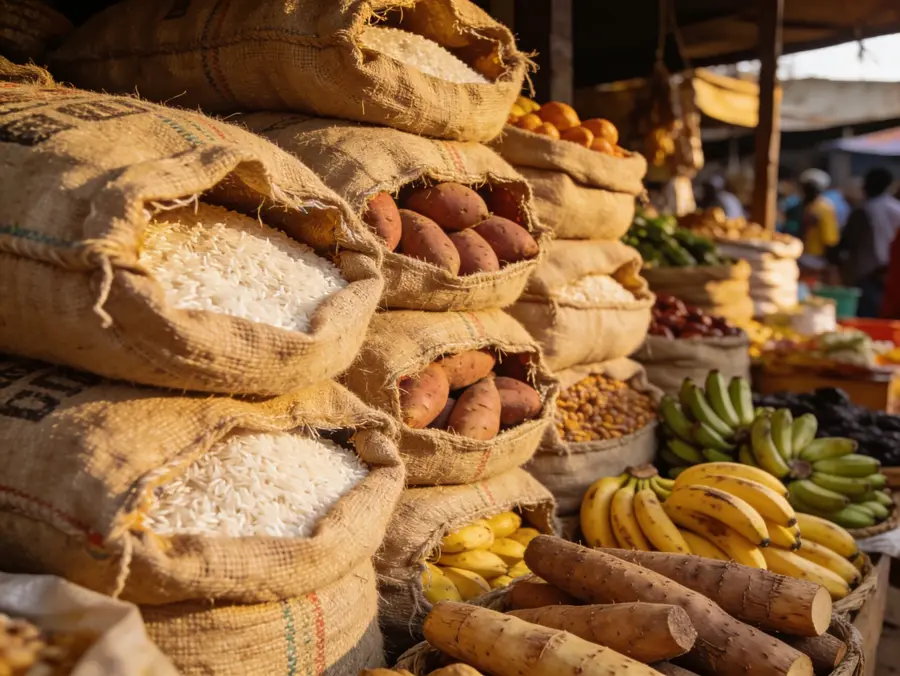 Rice, yam, plantain and produce at a Ghanaian market