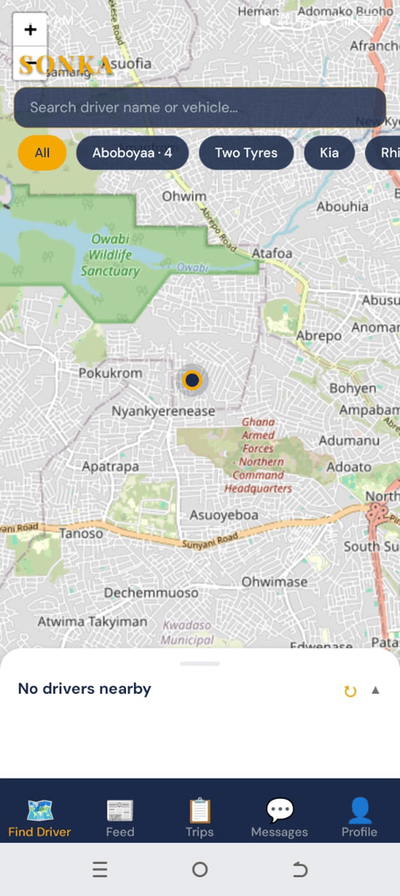 SONKA map screen showing nearby cargo drivers in Ghana