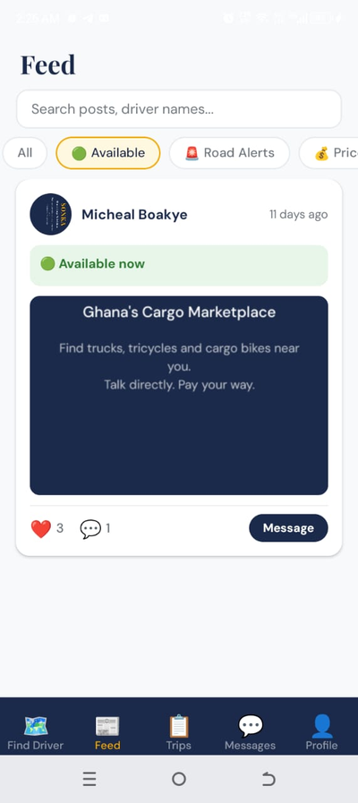 SONKA feed showing available drivers